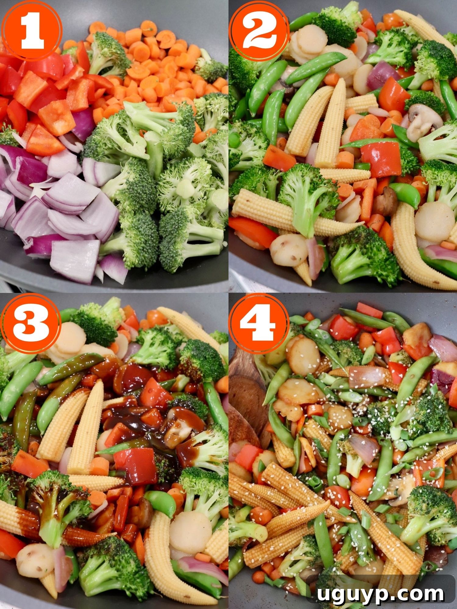 A collage of images illustrating the step-by-step process of making stir fry vegetables.
