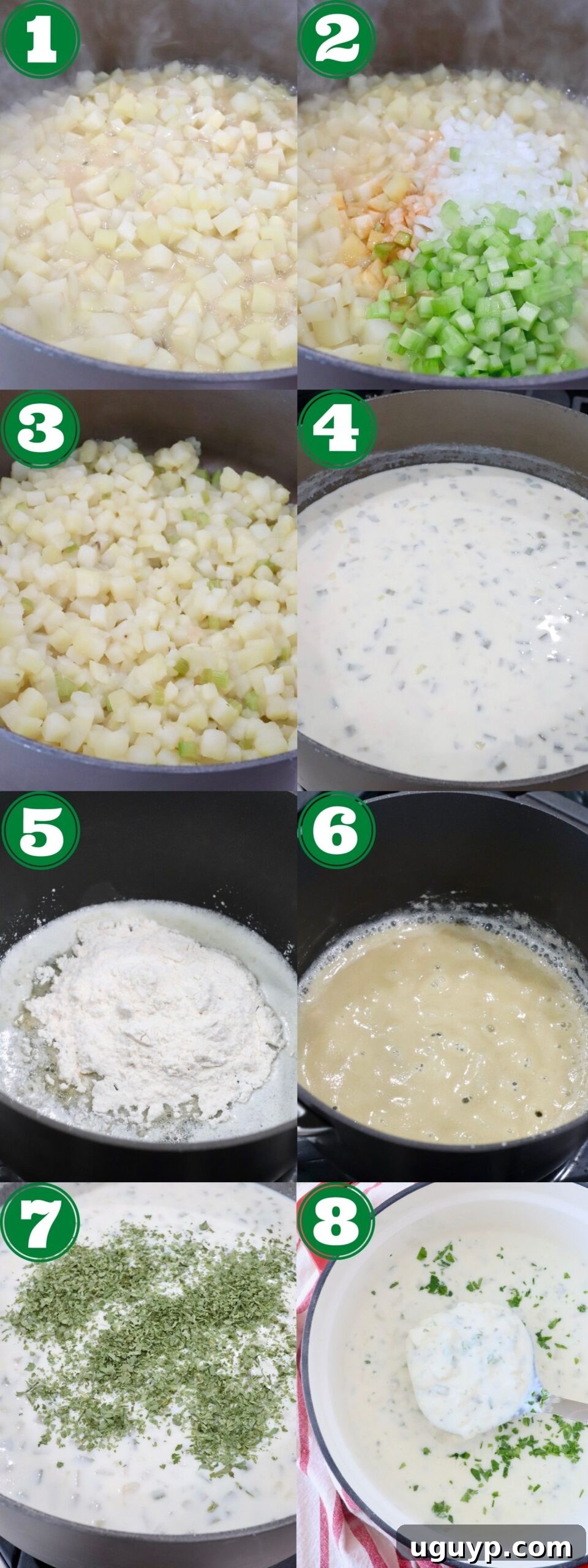 A visual collage showing the step-by-step process of preparing delicious homemade potato soup, from dicing potatoes to simmering the final product in a large pot.