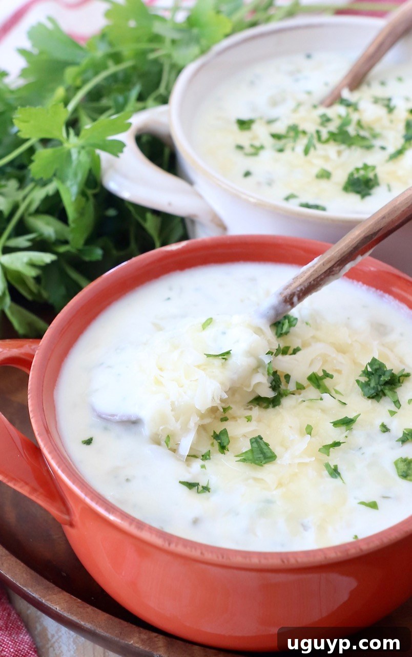 A spoon dipping into a bowl of creamy and chunky potato soup, beautifully garnished with melted shredded Swiss cheese and fresh parsley.