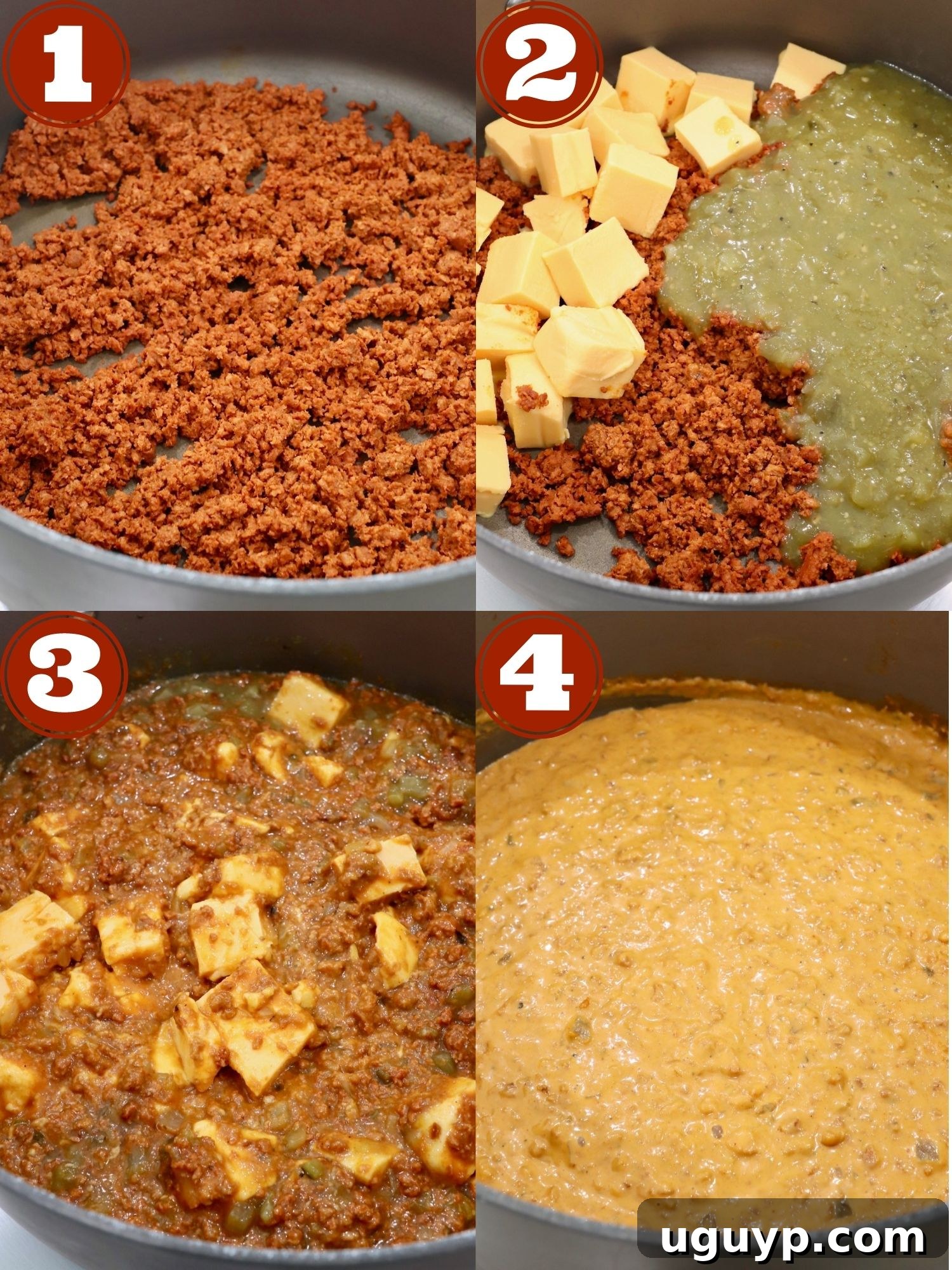 A visual guide showing the steps to make chorizo queso dip in a large skillet on the stovetop, from browning chorizo to melting the cheese and salsa verde