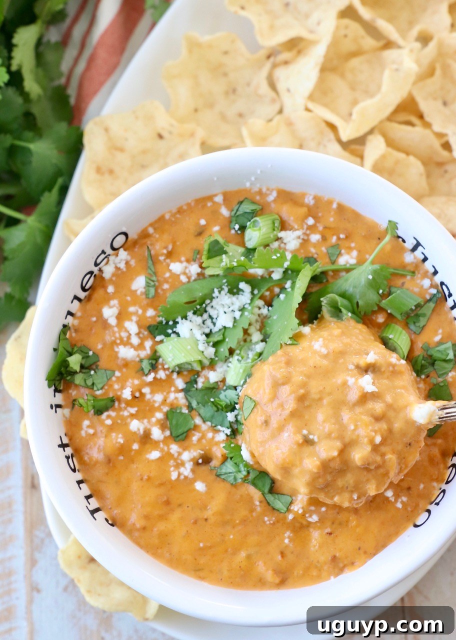 Close-up shot of a rich and creamy chorizo queso dip in a serving bowl, with a spoon dipped into the golden cheese, showcasing its perfect texture