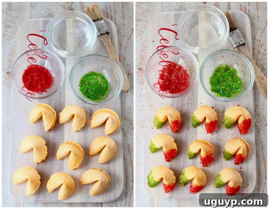 Step-by-step collage showing the process of making glitter fortune cookies with red and green glitter, including preparing syrup, brushing, and sprinkling.