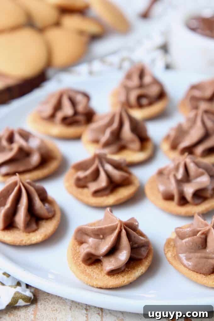 nutella cheesecake piped onto nilla wafers on plate