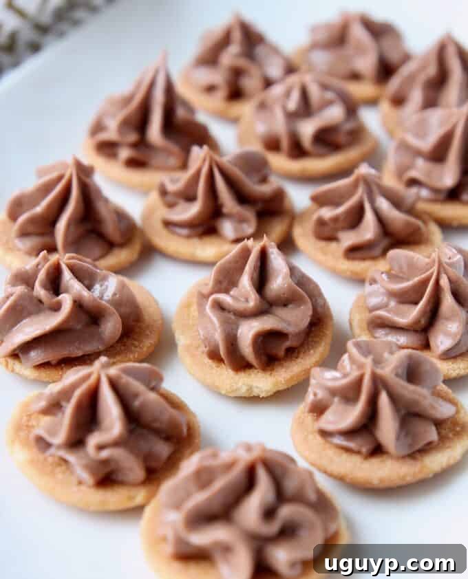 Nutella cheesecake piped onto vanilla wafers on plate