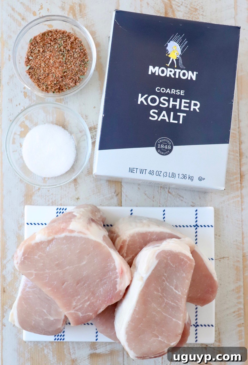 A collection of ingredients laid out for making smoked pork chops, including thick-cut chops, salt, sugar, seasoning, and pepper jelly.