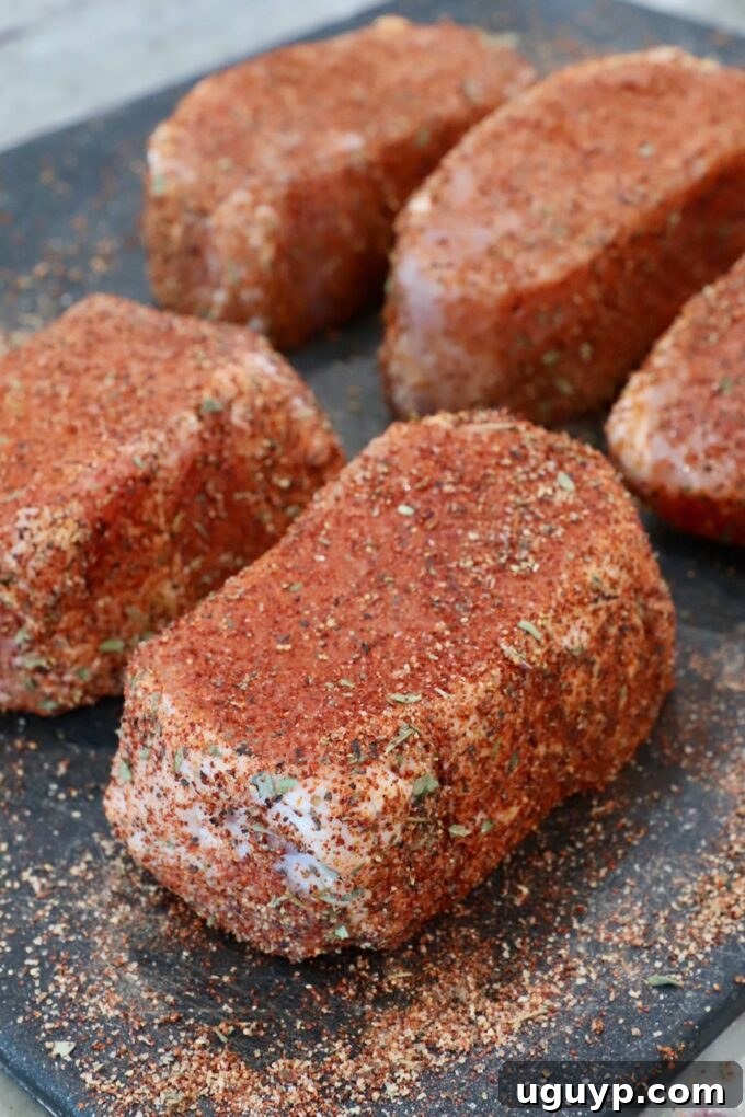 Seasoned pork chops uniformly coated with rub, ready for the smoker, placed on a cutting board.
