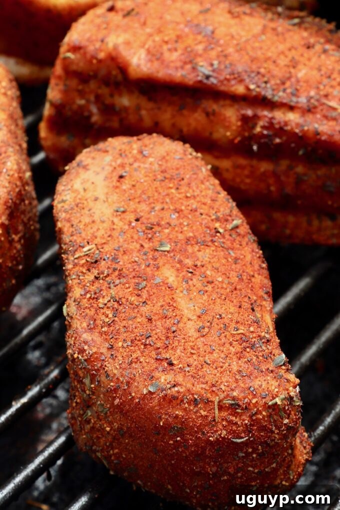 Perfectly seasoned pork chops arranged on the grill grates inside a smoker, ready for the slow cooking process.