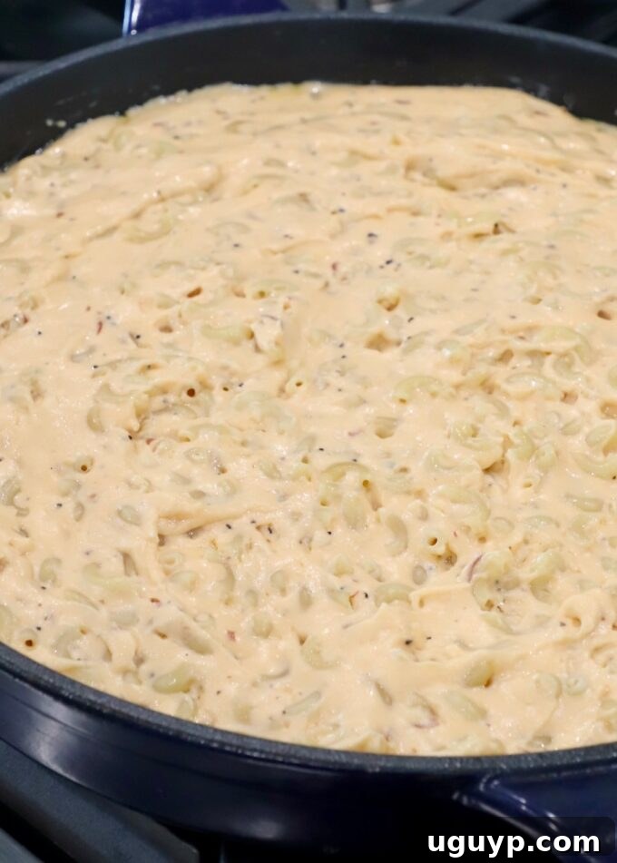Macaroni and cheese fully combined and ready in the skillet, showing rich, creamy texture.