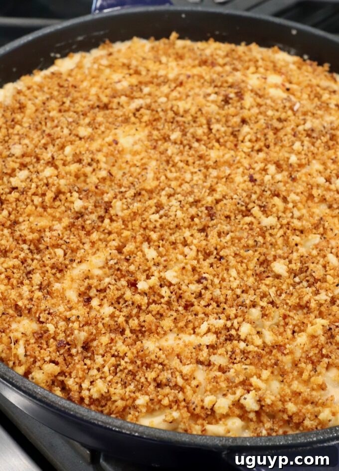 Mac and cheese in a skillet generously topped with seasoned panko breadcrumbs, ready for the smoker.