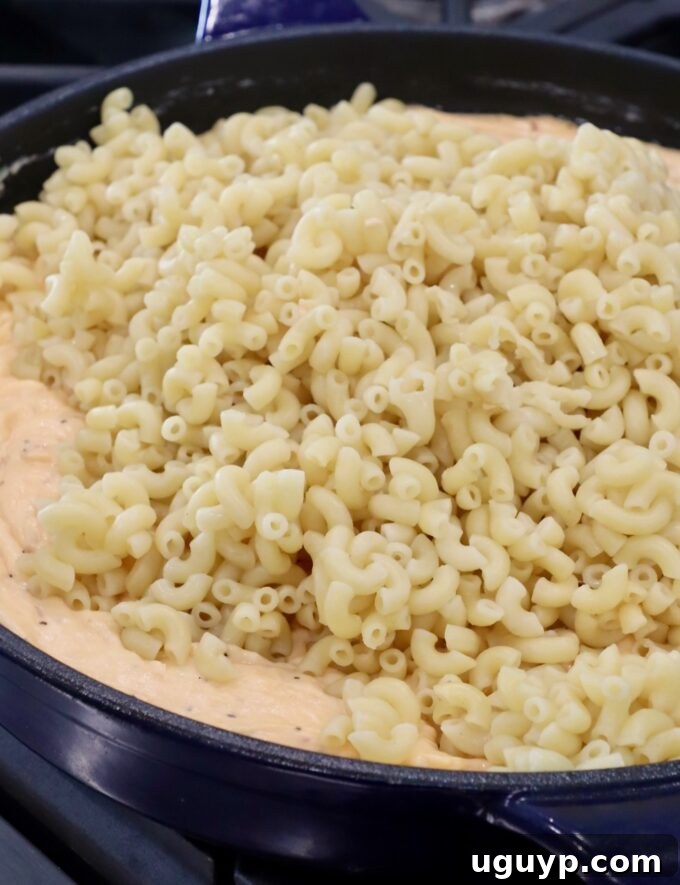 Al dente macaroni noodles being stirred into the rich, creamy cheese sauce in a cast iron skillet.