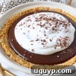 A beautifully garnished chocolate pie topped with homemade whipped cream in a pie plate.