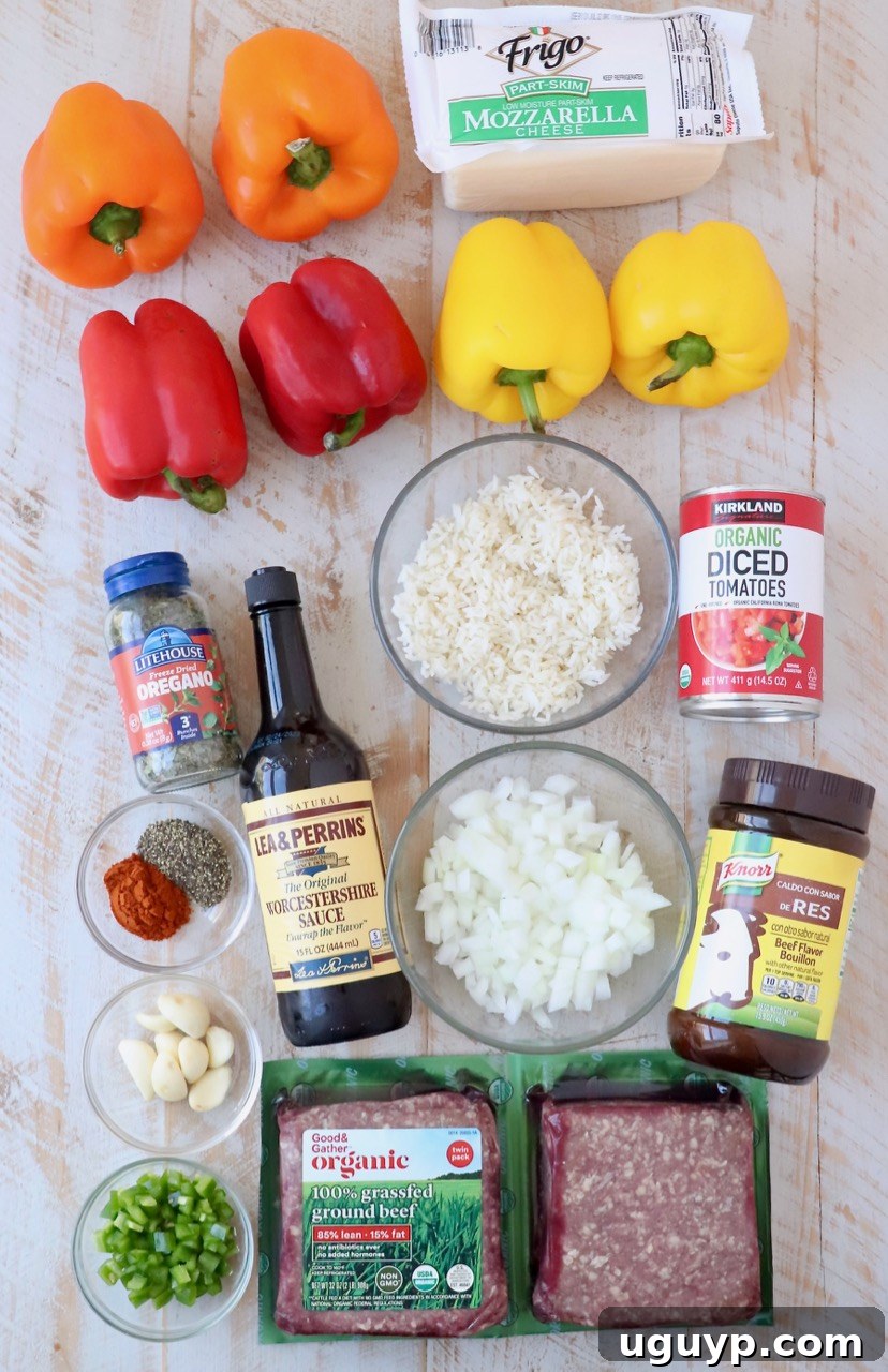 A colorful array of fresh ingredients for stuffed bell peppers, including bell peppers, ground beef, tomatoes, onions, and spices, laid out on a kitchen counter.