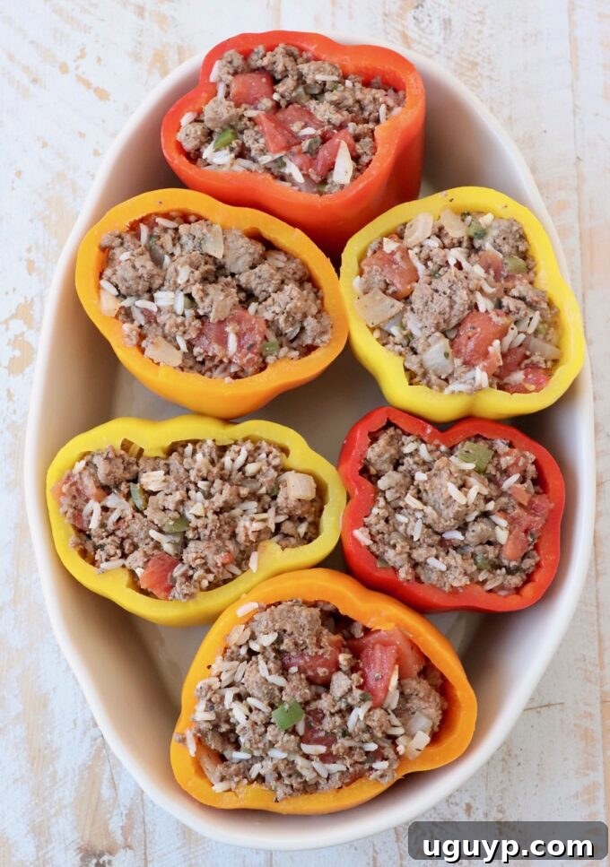 Steamed bell peppers, hollowed out and filled with the savory ground beef and rice mixture, arranged in an oval casserole dish.