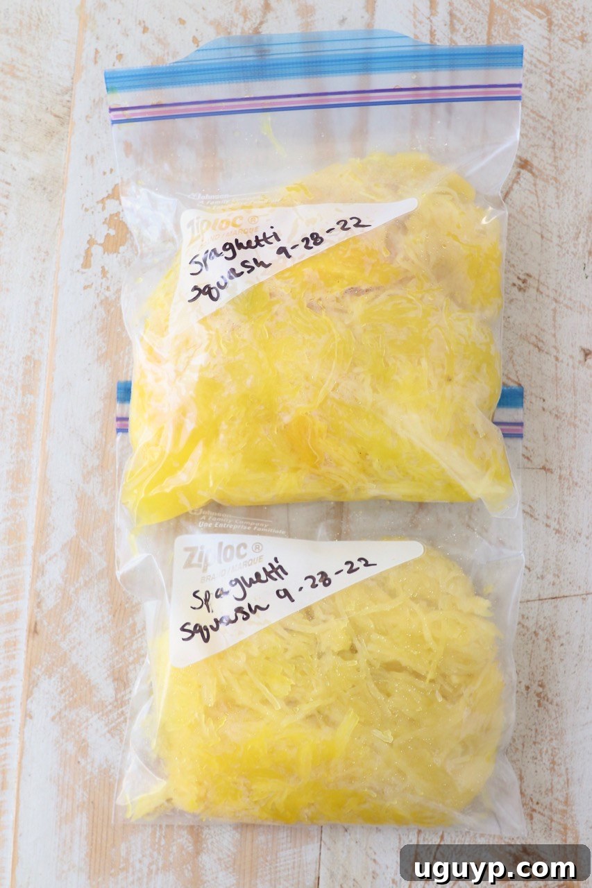 Cooked spaghetti squash strands stored in clear freezer bags for meal prep.