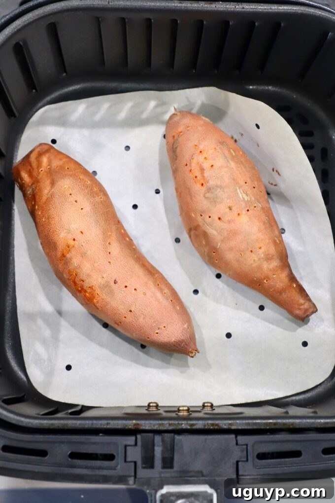 Perfectly cooked sweet potatoes resting in the air fryer basket