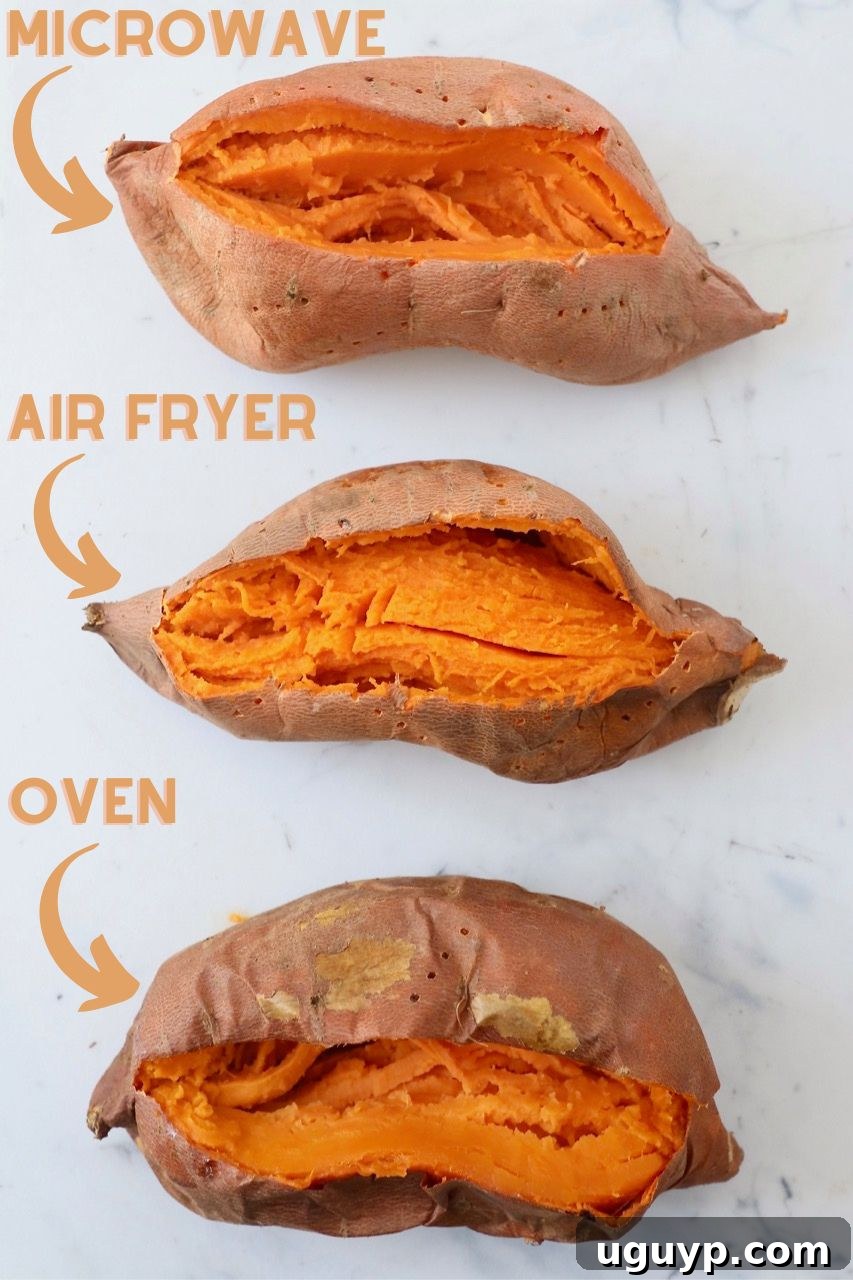 Sweet potatoes on a cutting board with a text overlay about cooking methods