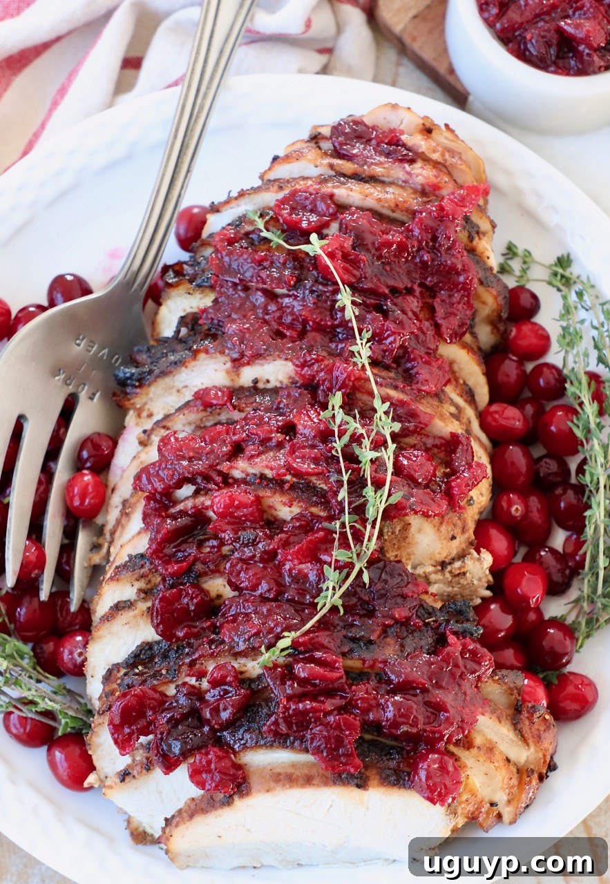 Perfectly carved cranberry glazed turkey breast ready to serve