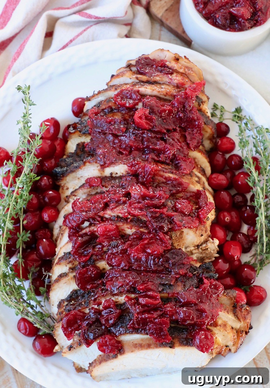 Beautifully garnished cranberry turkey breast slices on a plate with fresh herbs