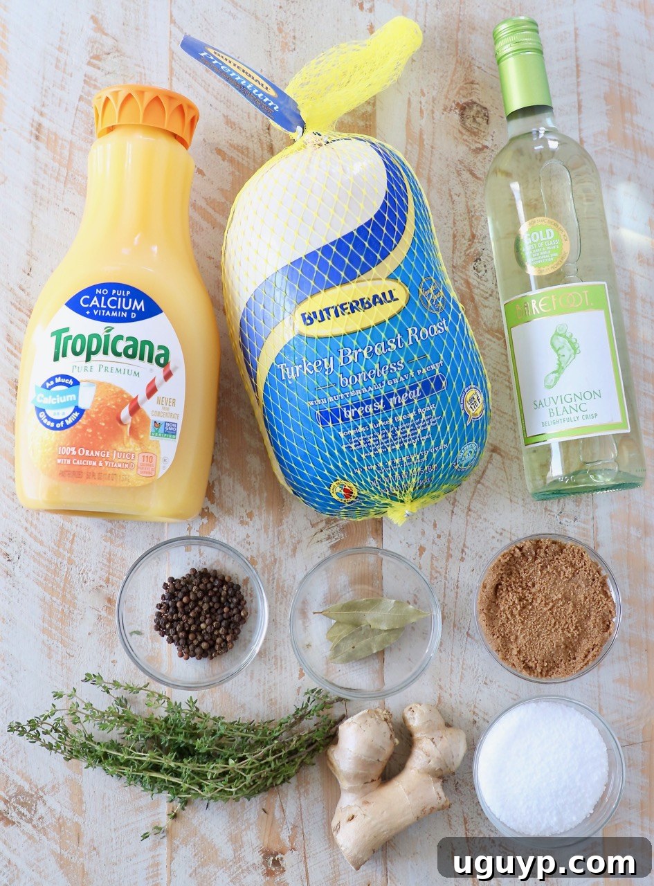 Ingredients for preparing a turkey brine on a wooden board