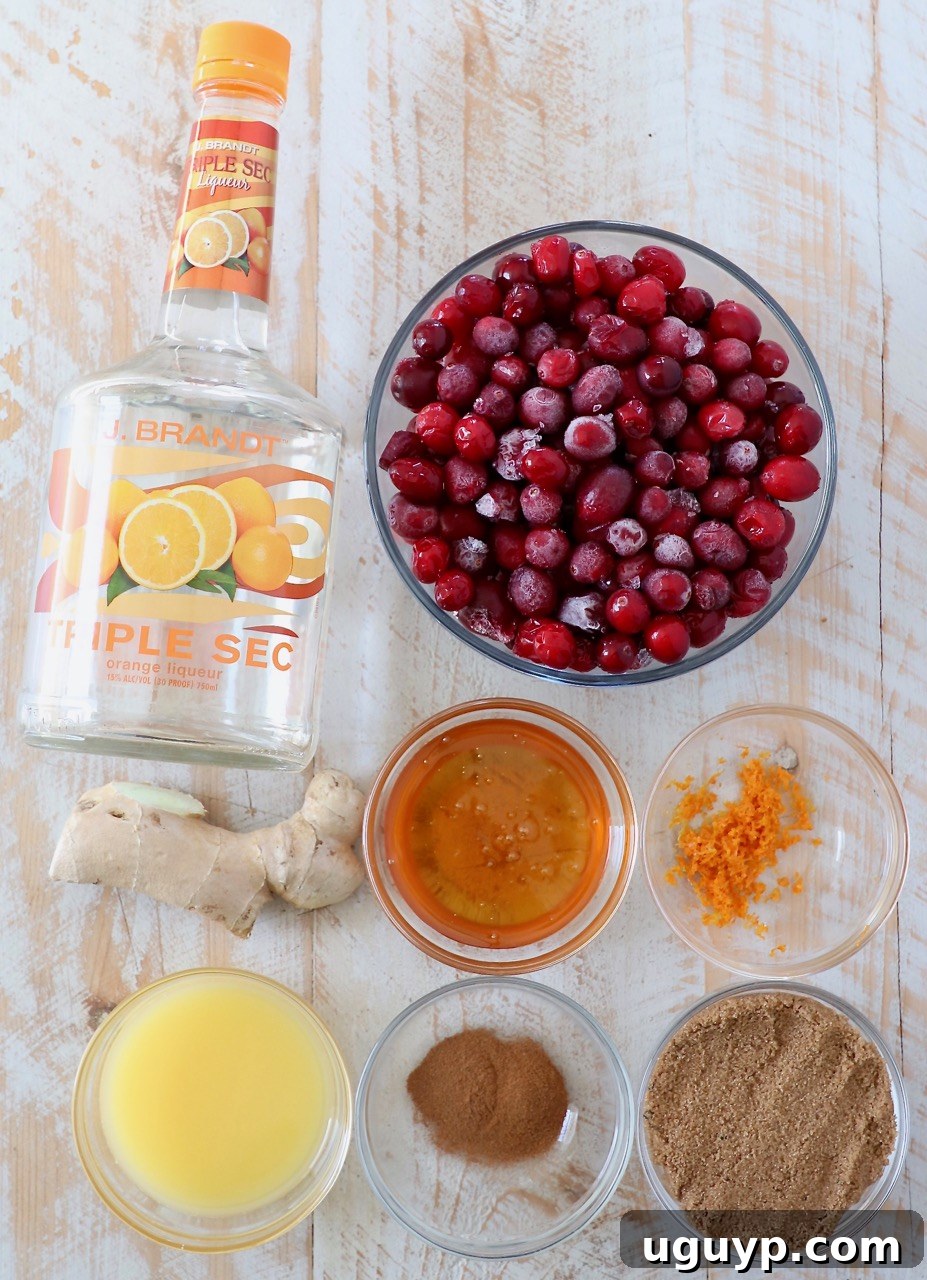 Ingredients laid out for making cranberry glaze: fresh cranberries, ginger, orange, honey, brown sugar, cinnamon