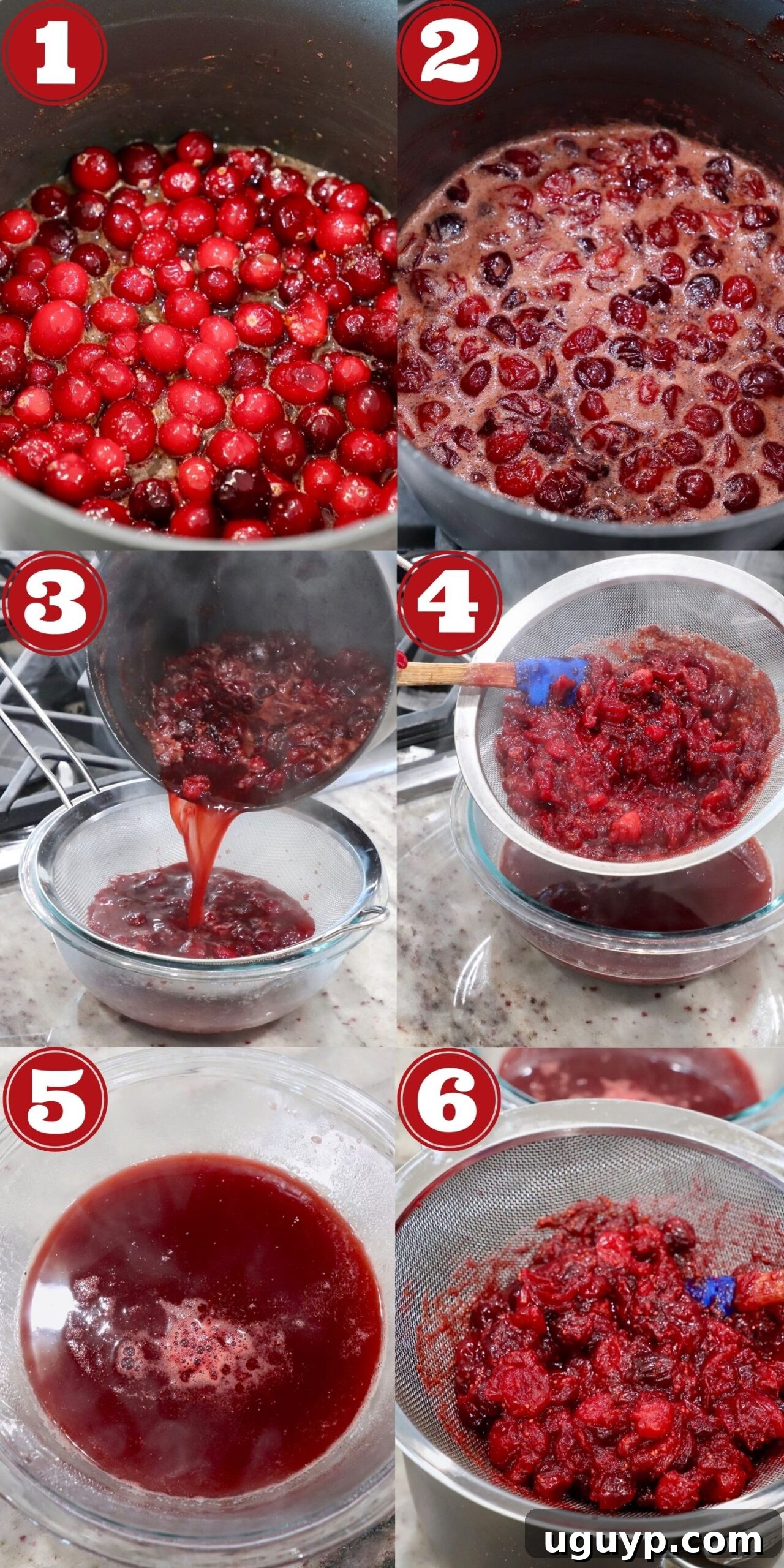 Collage showing steps to make cranberry glaze: cooking cranberries, straining, and the finished glaze