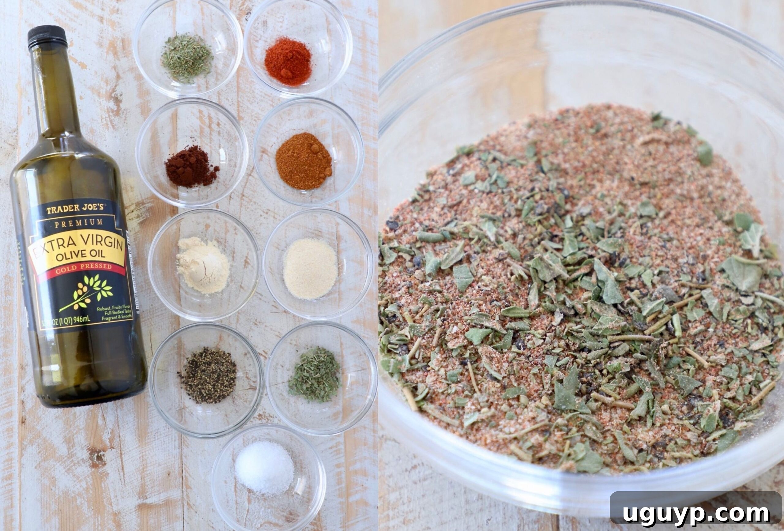 Small bowls containing turkey rub ingredients and a mixed spice rub for turkey