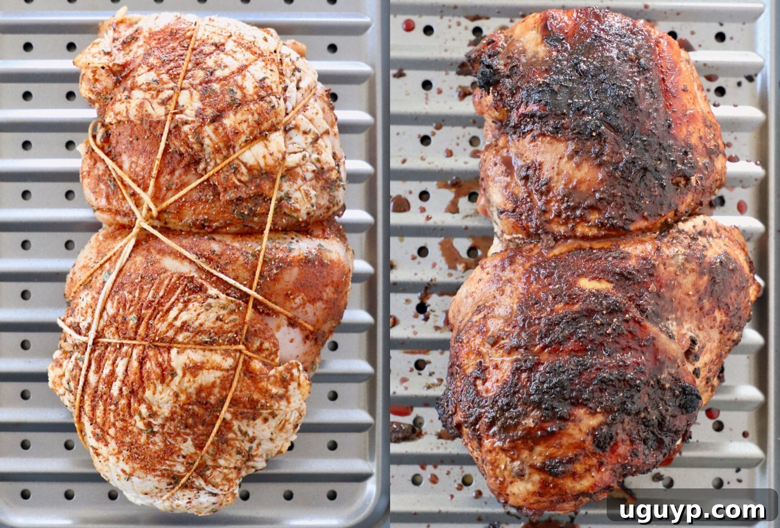 Uncooked turkey breast with spice rub next to a perfectly roasted cranberry glazed turkey breast