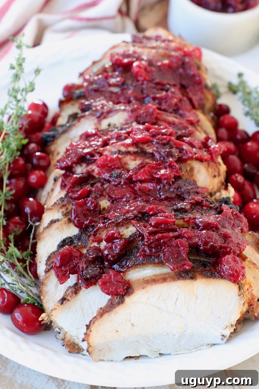 Close-up of sliced turkey breast adorned with homemade cranberry sauce