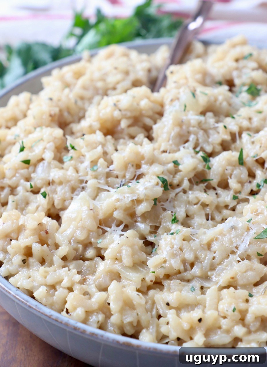 Close-up of creamy parmesan risotto in a bowl with a fork.