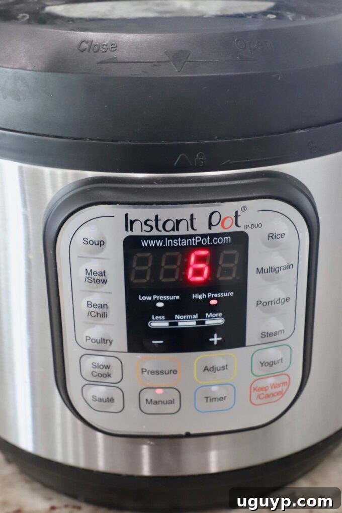 Instant Pot displaying a 6-minute timer for cooking risotto.