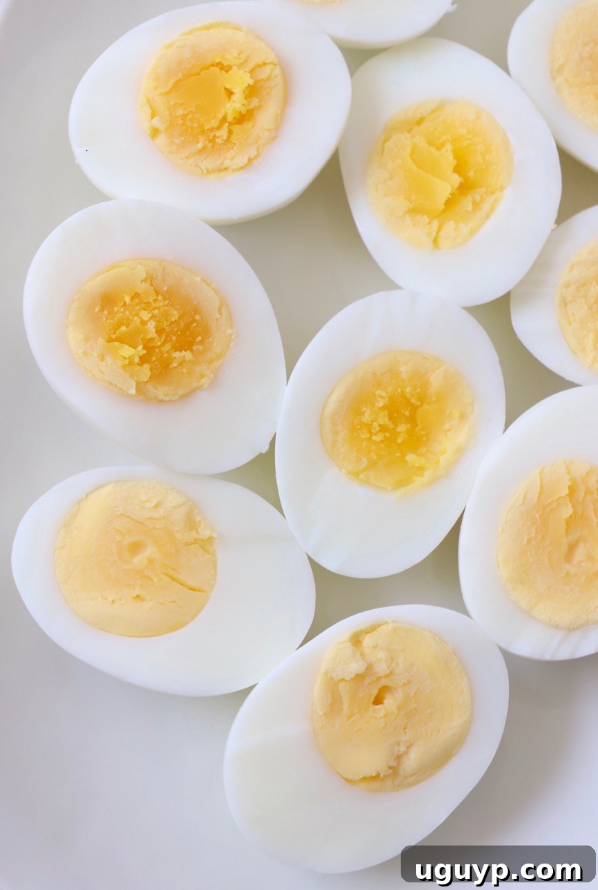 A plate featuring perfectly hard-boiled eggs, sliced neatly in half to showcase their vibrant, creamy yellow yolks.