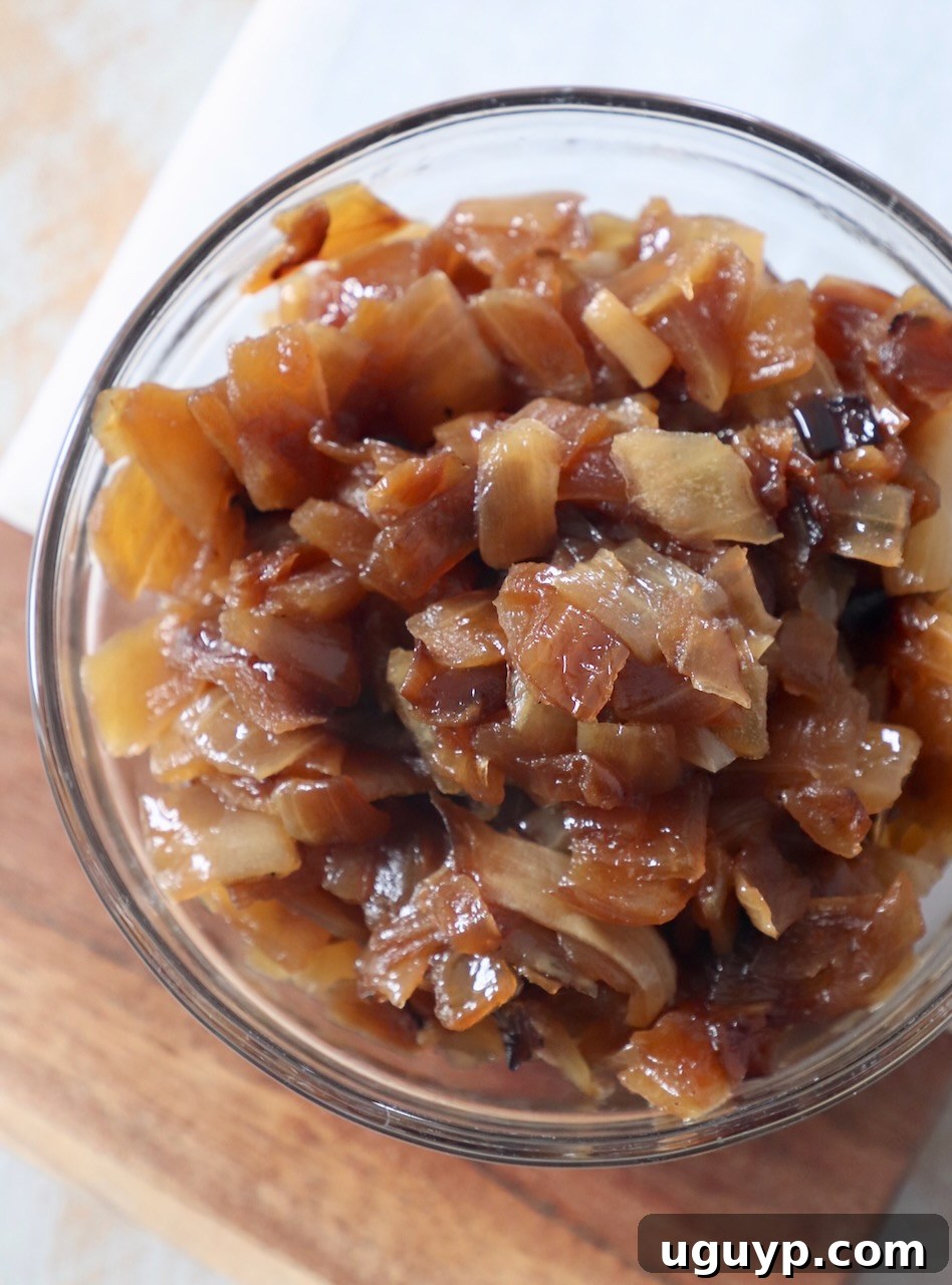diced caramelized onions in small glass bowl