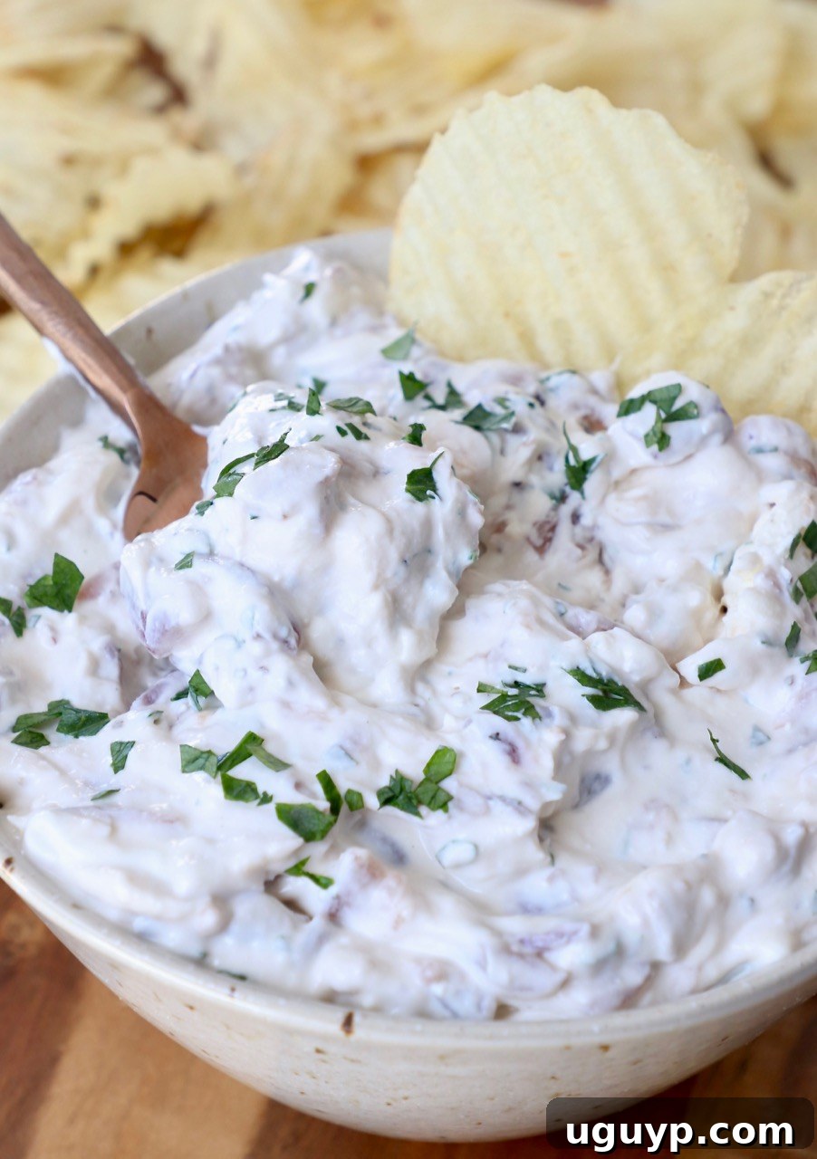 homemade french onion dip in a rustic bowl surrounded by wavy potato chips, ready for dipping