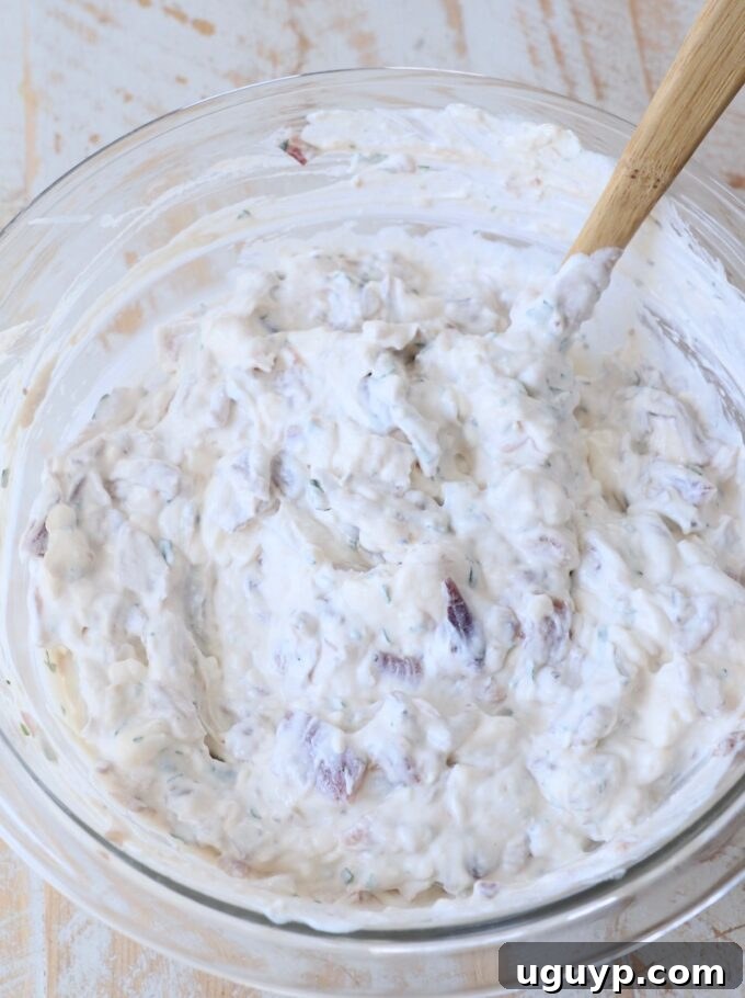 creamy french onion dip mixed thoroughly in a glass bowl with a spatula, showing its smooth texture
