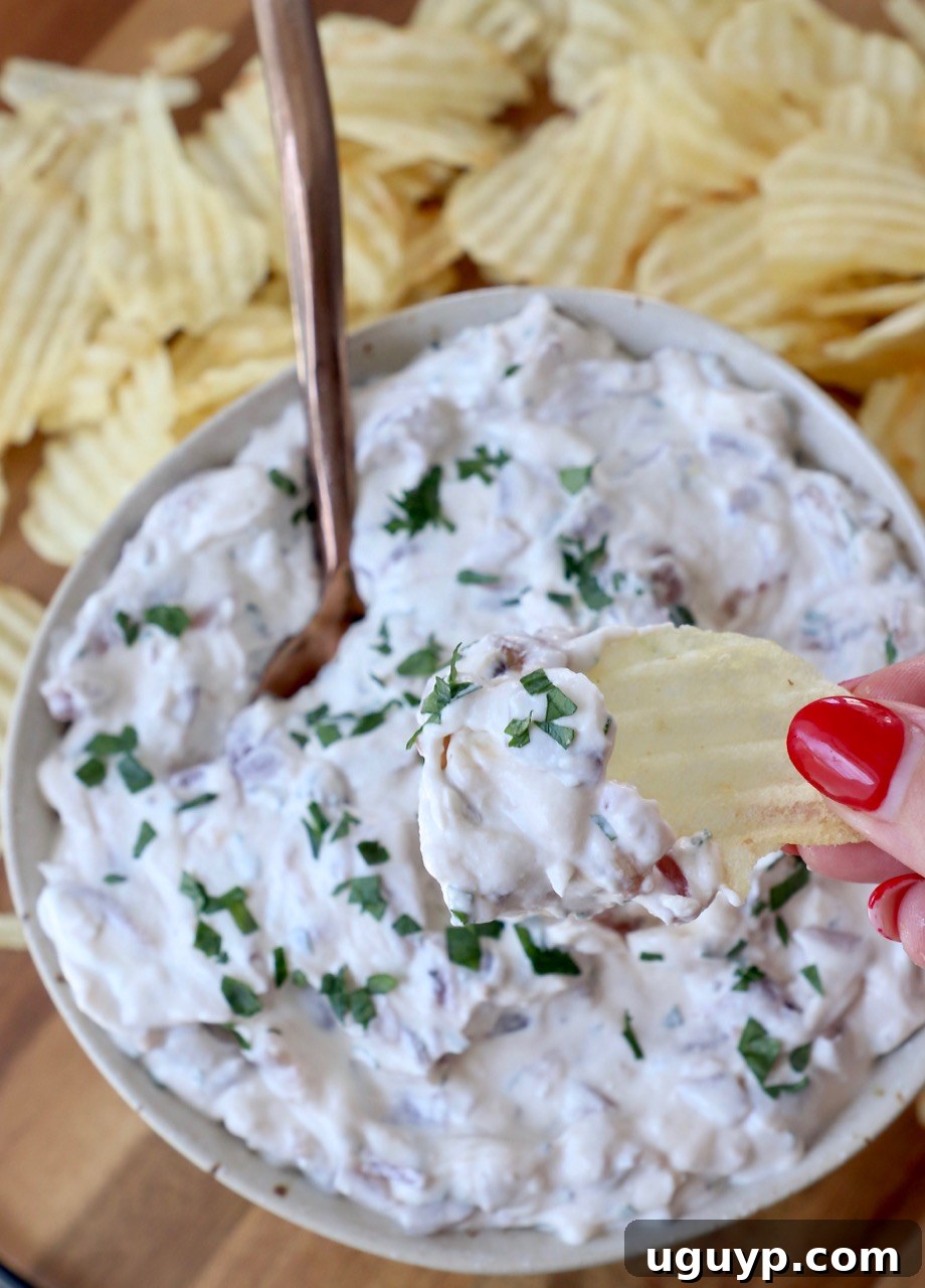 a hand dipping a wavy potato chip into a bowl of creamy homemade french onion dip