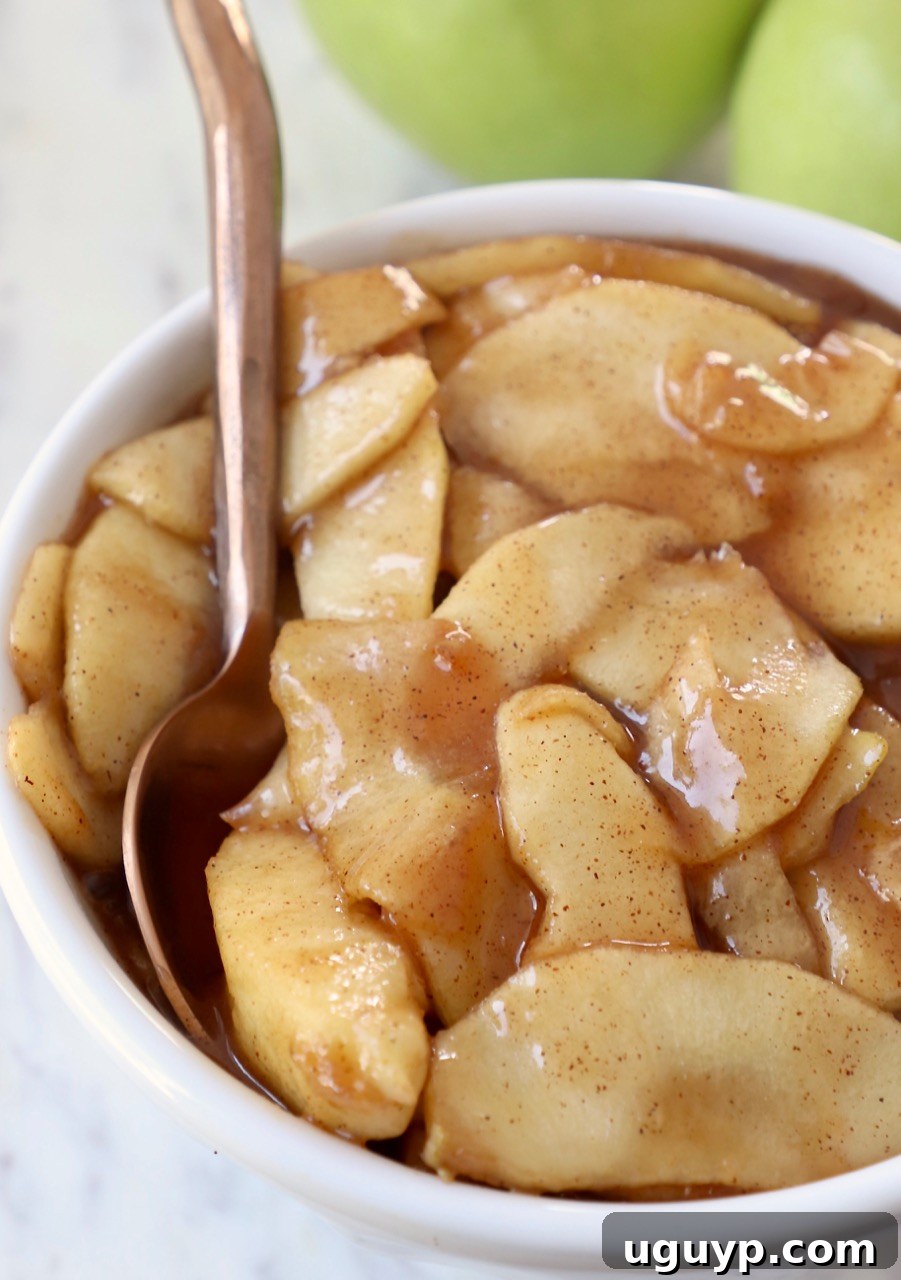 A ceramic bowl filled with homemade apple pie filling and a spoon, showcasing its rich, inviting texture.