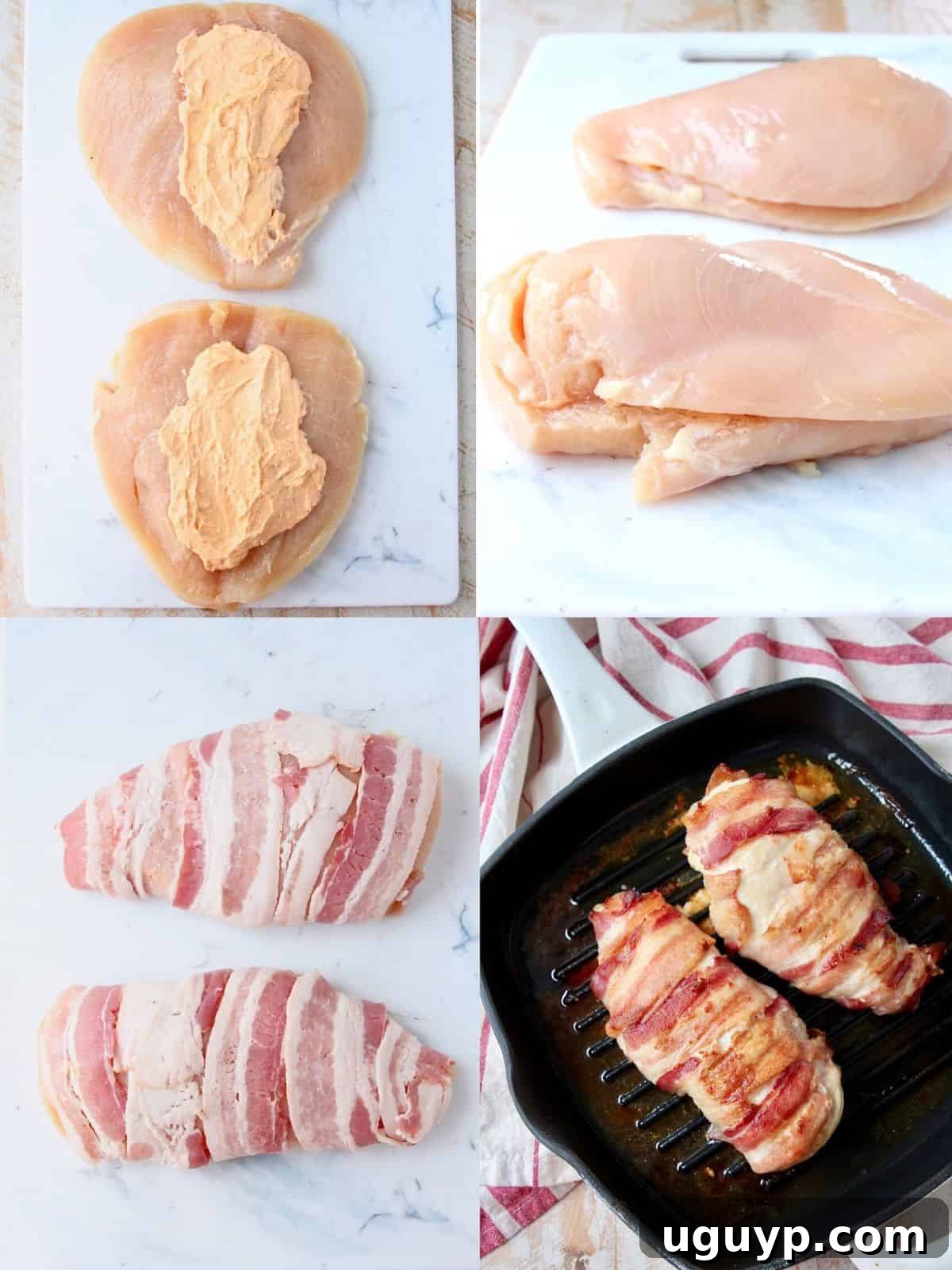 A visual collage illustrating the key steps to making bacon wrapped stuffed chicken breasts, including preparing the filling, stuffing the chicken, wrapping it in bacon, and searing it in a skillet.