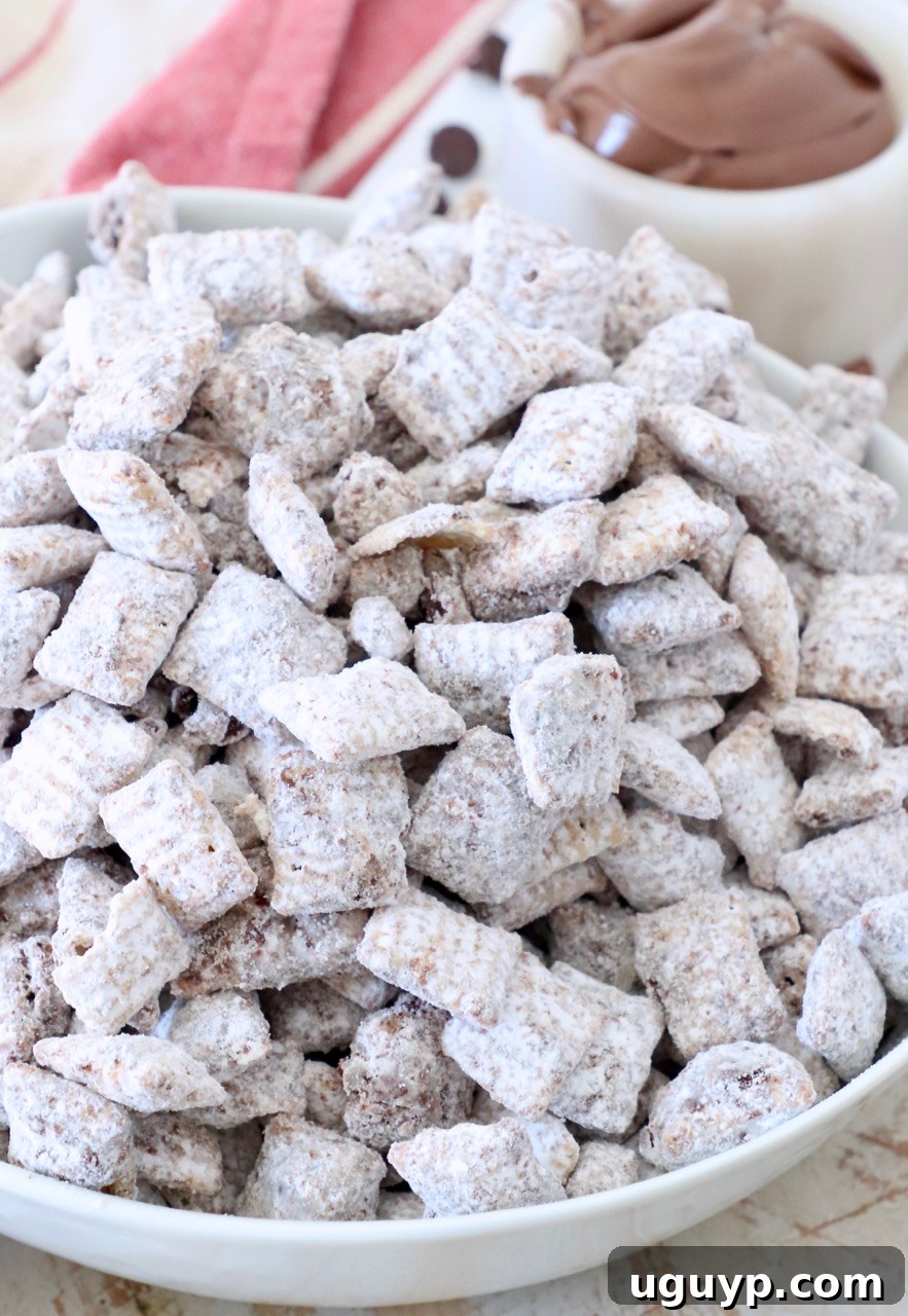 A bowl overflowing with freshly made Nutella Muddy Buddies, ready to be enjoyed.
