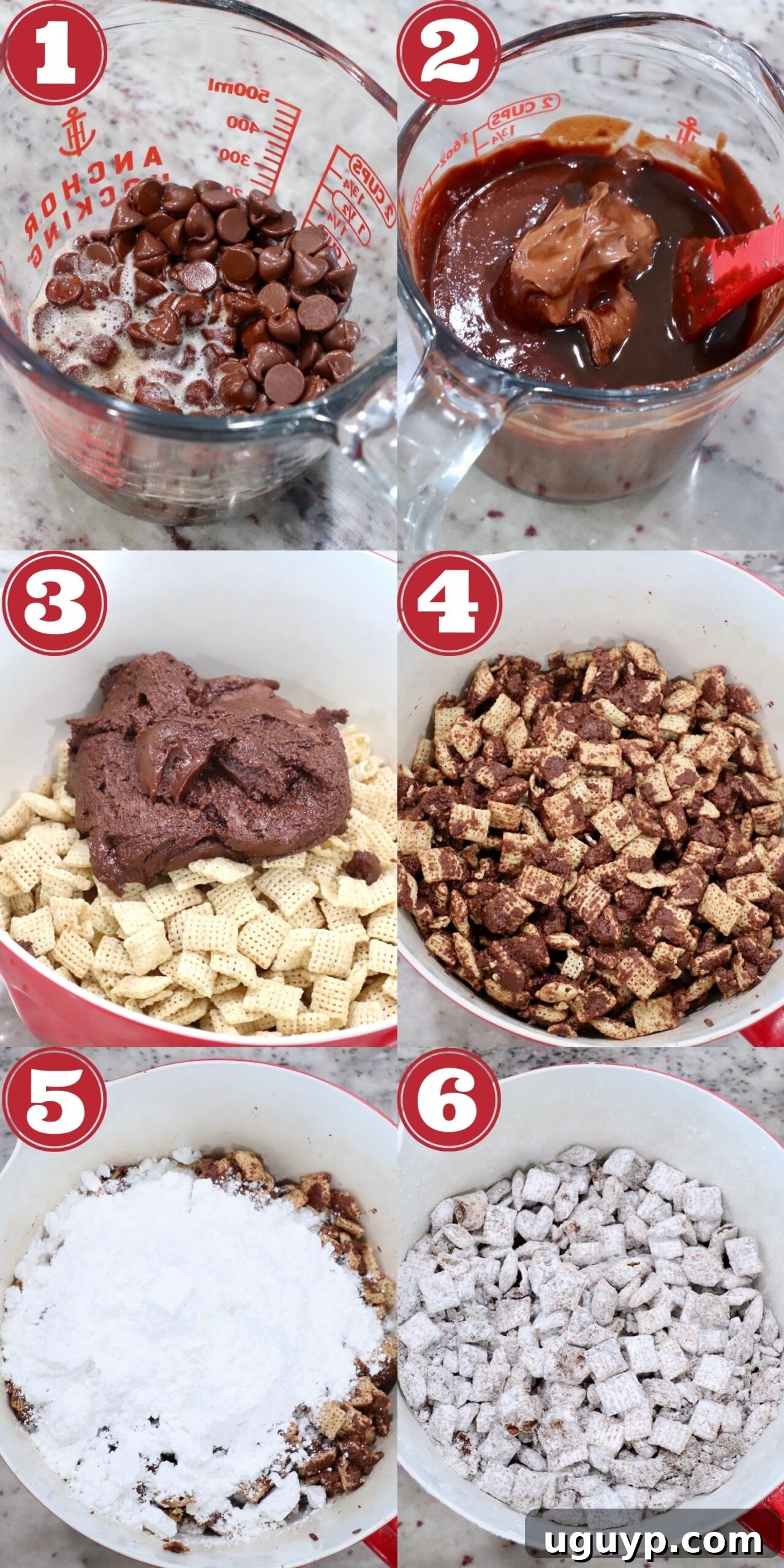 A collage of sequential images demonstrating each step of making Nutella Muddy Buddies, from melting chocolate to coating in powdered sugar.