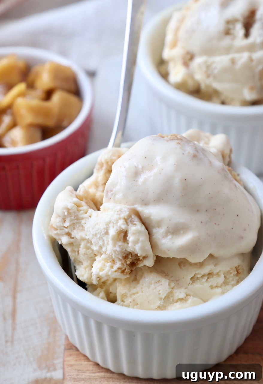 Scoops of delicious homemade Apple Pie Ice Cream in small white bowls, garnished with a sprinkle of cinnamon and ready to be enjoyed with a spoon.