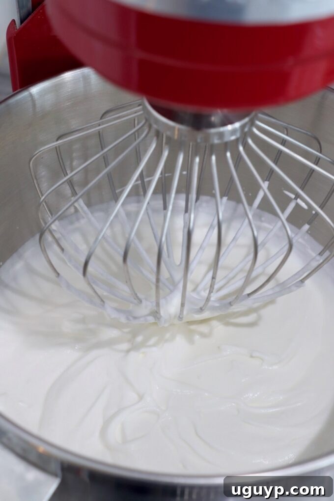 Cold heavy cream being whipped to firm peaks in a stand mixer, demonstrating the crucial airy texture for no-churn ice cream.