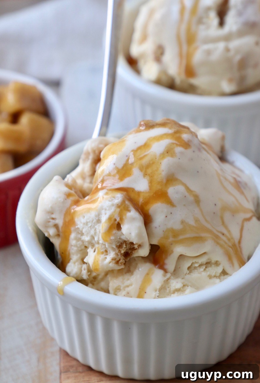 Apple pie ice cream served in a small white bowl, beautifully drizzled with rich caramel syrup and a hint of cinnamon.