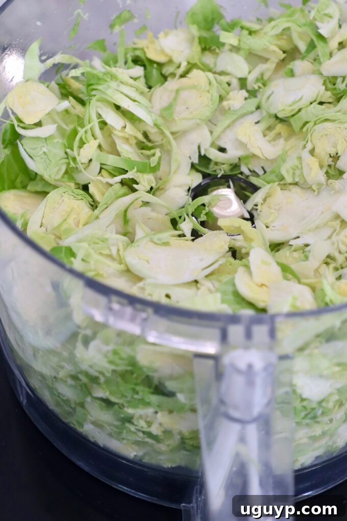 A pile of finely shredded Brussels sprouts collected in the bowl of a food processor, showcasing its efficiency.