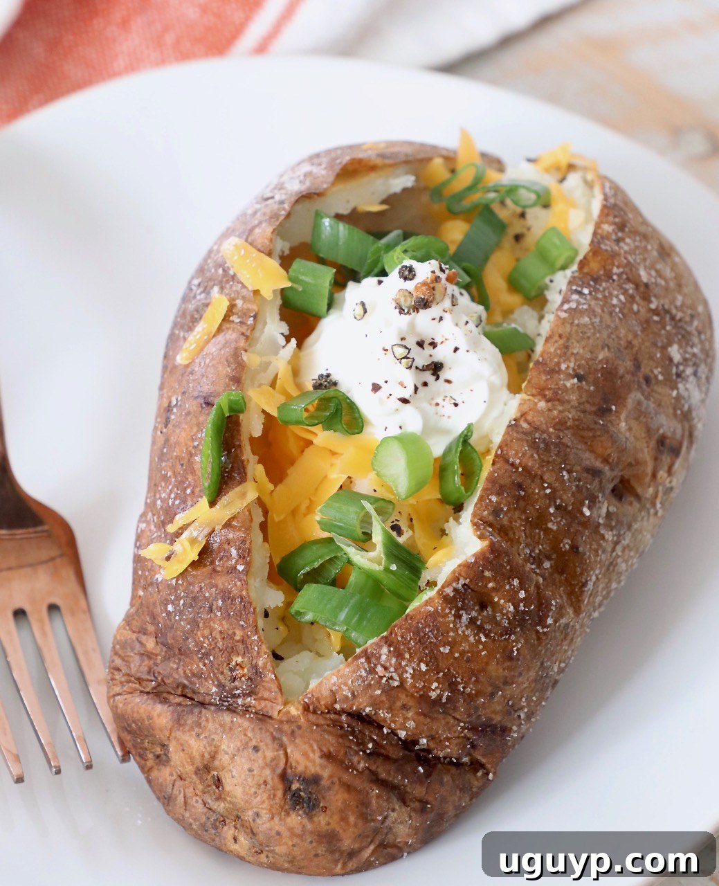 baked potato on plate filled with diced green onions, cheese and sour cream