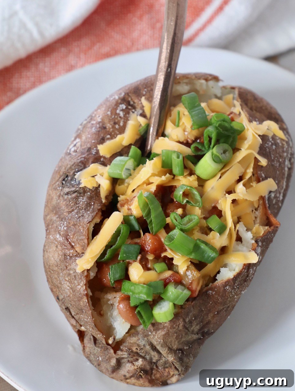 baked potato on plate, filled with chili, shredded cheese and diced green onions