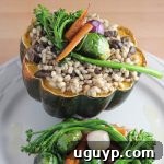 Vegetarian Barley Stuffed Acorn Squash with seasonal vegetables, photographed from above.