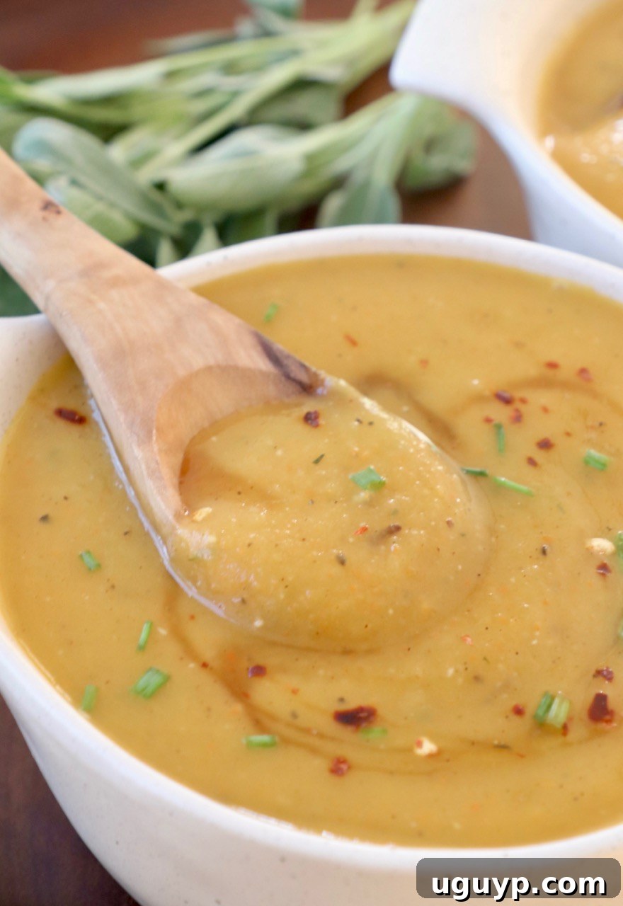 acorn squash soup in bowl with wooden spoon