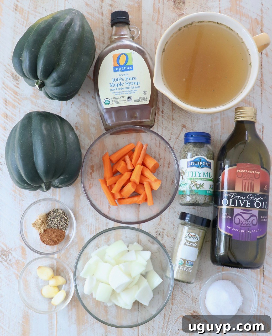 ingredients in acorn squash soup on wood board