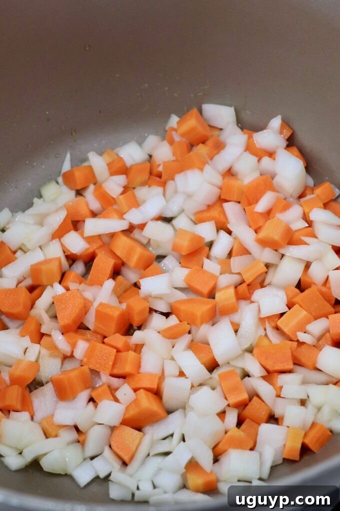 diced carrots and onions in pot on the stove