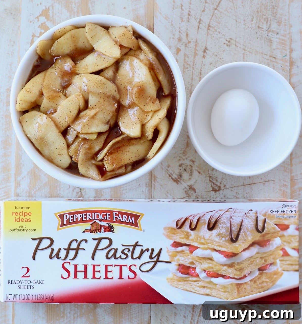 apple danish ingredients on wood board